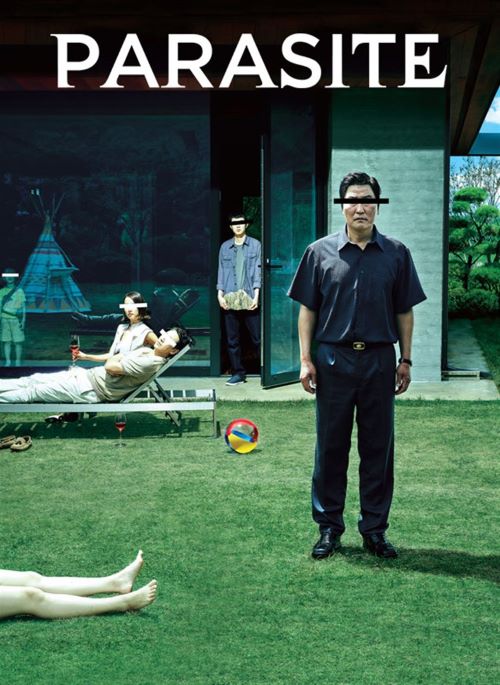 family members standing or sitting in the backyard in front of their home. Their eyes are crossed out with vertical black lines. A pair of legs laying on the ground sticks out from the left side.