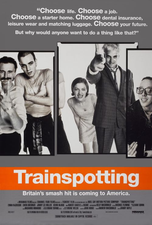 collage of the main characters posing and pointing/making faces at the camera. An orange banner below features 'Trainspotting' in white text.