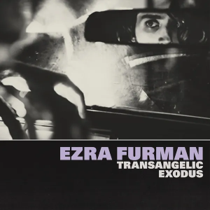 in a car looking forward with the steering wheel and rearview mirror in perspective. Ezra Furman's eyes are reflected in the mirror.